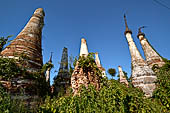 Inle Lake Myanmar. Indein, a cluster of ancient stupas  ruined and overgrown with bushes, just behind the village. 